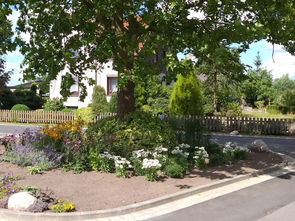 Fertig bepflanztes Blumenbeet an der Straße