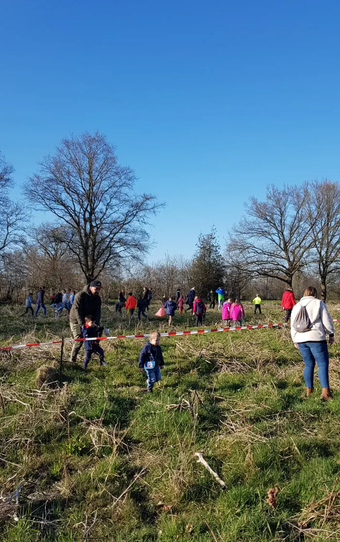 Ostereiersuche auf einer Wiese im Sonnenschein